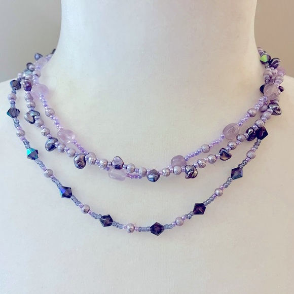 Purple Beaded Handmade Necklace Three Connected‎ Strands - Picture 2 of 6